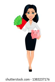 Concept of modern young business woman. Cartoon character businesswoman holds red envelope with money and piggy bank. Vector illustration on white background