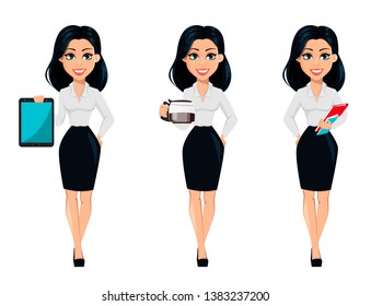 Concept of modern young business woman, set of three poses. Cartoon character businesswoman holds tablet, holds coffee pot and holds documents. Vector illustration