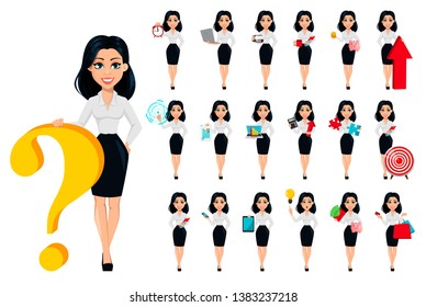 Concept of modern young business woman, set of nineteen poses. Cartoon character businesswoman. Vector illustration