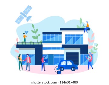 Concept modular Smart home for web page, social media, documents. technology system with centralized control Vector illustration, modern house. modular, electro car, eco house, save planet.