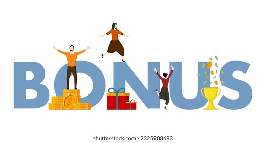 Concept of money bonus, reward program, salary payment. People get prizes and cash bonuses. Happy businessman receiving prize and standing near winner trophy. Flat vector illustration.
