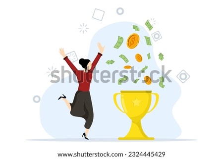 Concept of money bonus, reward program, cash back. Women get awards and cash bonuses. Happy business woman receiving prize and standing near winner trophy. Vector illustration in flat design.