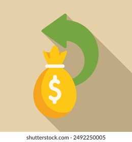 Concept of money circulation, refund or cashback with money bag and a rotating arrow