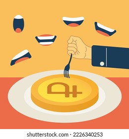 Concept of money consumption. People's mouths eat gold ruble on a plate with a fork. RUB token coin
