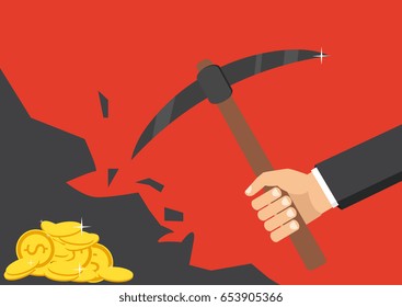 The concept of money, earnings, success. Vector illustration. The hand of a businessman dips a rock, searching for a treasure. 