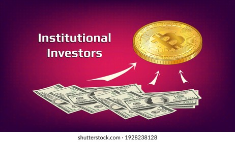 Concept of money flow from institutional investors to crypto industry and buying bitcoins. Banner for news on red background. Vector illustration.