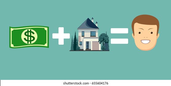 concept of money and home make you happy. Stock vector illustration for poster, greeting card, website, ad, business presentation, advertisement design.