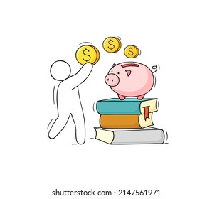 Concepto de inversión en dinero en educación, ahorro para estudios universitarios o universitarios. El personaje estudiantil pone monedas en un banco de cerdos parados en un montón de libros. Ilustración dibujada a mano por el vector