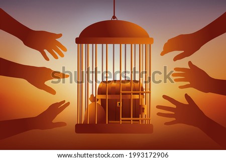 Concept of money and lust, with hands reaching out to a chest containing a treasure protected by a cage.