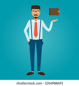 Concept of money. Man holding wallet vector. Handsome hipster with small beard and moustache in flat design. Vector Illustration. 