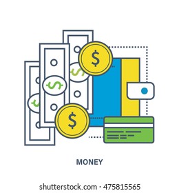 Concept of money and payment methods. Color Line icons. Flat Vector illustration