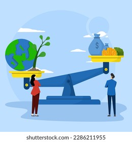 Concept of Money and planet earth in weighing bowl. Bag of money, stack of currency and balance of the world on scales. Save, environmental defense. Vector illustration