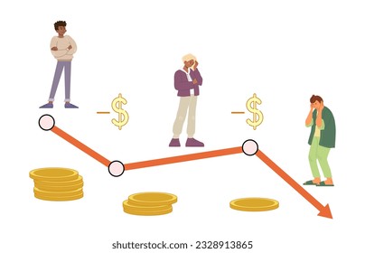 Concept of money problems with arrow down. Sad man is losing money. Diagram. Vector illustration for bankruptcy, loss, crisis.