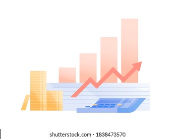 Concept of money profit, investment growth. Histogram shows growing funds and company success. Business improvement and financial profit graph. Vector illustration in flat cartoon style