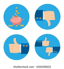 Concept of money, concept of review. Thumb up and thumb down. Set of vectors. Vector illustration. 