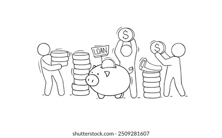 Concept of money savings in money box with people. Cartoon illustration dollars in piggy bank with stacks of coins. Vector hand drawn finance icon