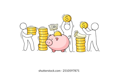 Concept of money savings in money box with people. Cartoon illustration dollars in piggy bank with stacks of coins. Vector hand drawn finance icon