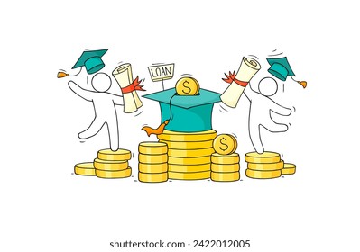 Concept of money savings for education and happy people with diplomas. Students with dollars on stack of coins, with hat. Vector hand drawn illustration