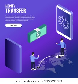 Concept money transfer. One user transfers money to another user. Web banner, infographics. Isometric vector illustration.