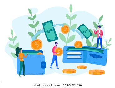 Concept Money transfer from and to wallet, Financial savings for web page, banner, presentation, social media, documents, cards, posters. Vector illustration Capital flow, earning or making money
