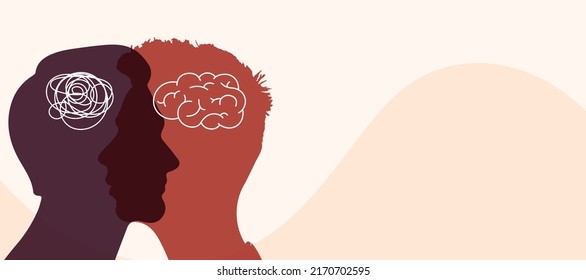 Trastorno del estado de ánimo conceptual. Doble concepto de personalidad. Mentalidad de trastorno bipolar de metáfora. Personalidad dividida. 2 Silhouette de cabeza y salud mental. Imaginación y doble cara. Banner web. Copiar espacio