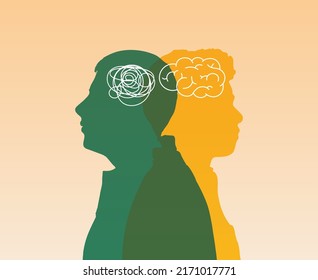 Concept mood disorder. Dual personality concept. Metaphor bipolar disorder mental mind. Split personality. 2 Head silhouette and Mental health. Imagination and Double face. Web banner. Copy space