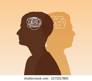 Concept mood disorder. Dual personality concept. Metaphor bipolar disorder mental mind. Split personality. 2 Head silhouette and Mental health. Imagination and Double face. Web banner. Copy space