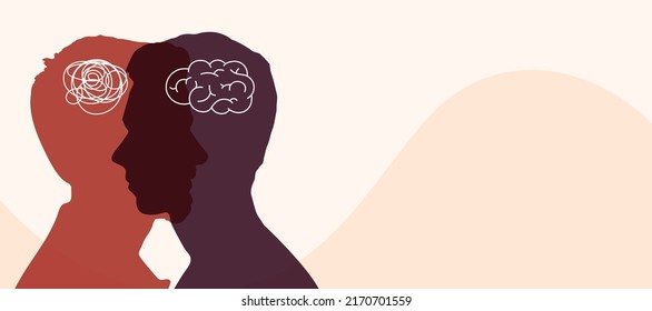 Concept mood disorder. Psychology and Dual personality concept. Metaphor bipolar disorder mind mental. Double face and Split personality. Tangle and untangle. 2 Head silhouette. Mental health.