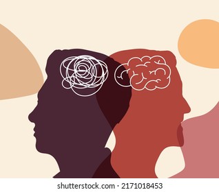 Concept mood disorder. Psychology and Dual personality concept. Metaphor bipolar disorder mind mental. Double face and Split personality. Tangle and untangle. 2 Head silhouette. Mental health.