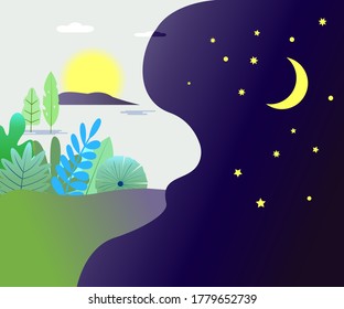 concept of the morning, between night and day. Sun and moon.