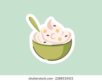 Concept Morning routine breakfast oat. This illustration depicts a bowl of oatmeal with fruit and nuts, symbolizing a healthy breakfast in a morning routine. Vector illustration.