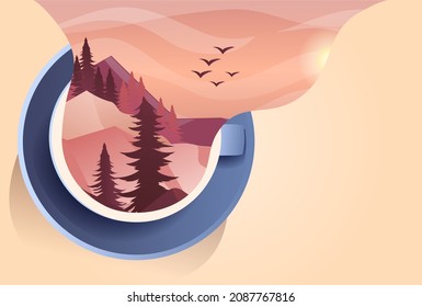 Concept Of Morning Tea. Nature Pours Out Of Coffee Mug. Hot Drink, Cheerfulness, Energy, Dawn, Forest, Landscape. Posters For Advertising, Creativity, Abstract Images. Cartoon Flat Vector Illustration