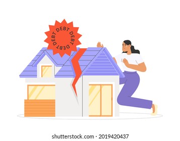 Concept Of Mortgage Debt. Modern Flat Vector Illustration With Young Woman Can't Pay Her House Debts. Eviction, Confiscation, Loss Of Property Rights.