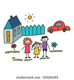 Concept for mortgage, insurance, car loan, consumer credit, social protection and insurance. Vector picture of happy and healthy family. House, red car and little garden with summer flowers.