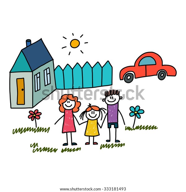 Concept for mortgage, insurance, car loan,\
consumer credit, social protection and insurance. Vector picture of\
happy and healthy family. House, red car and little garden with\
summer flowers.