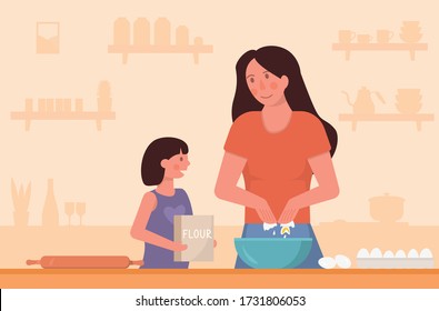 Concept of mother and daughter cooking on kitchen. Mum teaching child how to bake. Cozy kitchen counter on the background and eggs and bag of flour in hands of kid. Flat cartoon vector illustration.