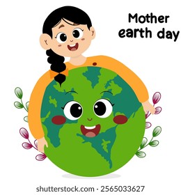 Concept Of Mother Earth Day. Illustration of Happy Earth Day for Environment Safety Celebration. Cute girl hugs the earth. Save the planet. Eco friendly, earth day. 