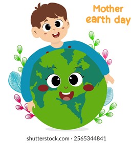 Concept Of Mother Earth Day. Illustration of Happy Earth Day for Environment Safety Celebration. Cute girl hugs the earth. Save the planet. Eco friendly, earth day. 
