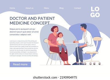 Concept of motherhood and childhood. Mother and child at Predator's reception. Planned visit to specialist. Website, template, landing page.Characters of illustration flat cartoon vector.