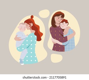 Concept of motherhood. Girl together with baby in her arms and hugs teenager. Child has grown. Caring for loved ones. Pictures for mothers day, greeting cards. Cartoon flat vector illustration