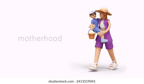 Concept of motherhood. Mother carries toddler in her arms. Family summer walk. Vacation with children. Games in sandbox, on beach. 3D illustration on colored background