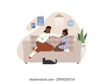 Concept of motherhood. Woman talking to her daughter. Family shares stories, best friends and borrowing support. Communication between parent and child, mother. Cartoon flat vector illustration