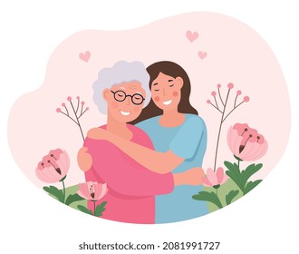 Concept of mothers day. Girl hugs her grandmother. Characters love each other. Design for greeting and invitation cards, postcards. Nature, care, spring, flower. Cartoon flat vector illustration