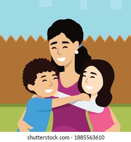 Concept Of Mothers Day Greeting. Mother hugging her son and daughter. flat vector illustration isolated on white background