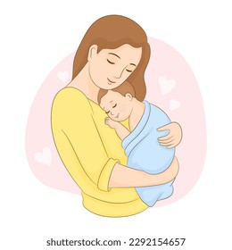 Concept of mother's day. Sweet and kind mother embracing baby 