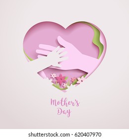 Concept Mothers Love Or Mother Care Motherhood With Elements Hands, Flowers And Shapes In The Frame Heart. Happy Mothers Day Greeting Card In Paper Cut Style In Pink Colors