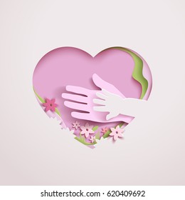 Concept mothers love or mother care motherhood with elements hands, flowers and shapes in the frame heart. Happy Mothers day greeting card in paper cut style in pink colors