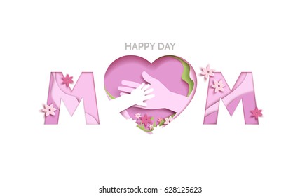 Concept mothers love or mother care motherhood with elements hands, flowers and shapes in the frame heart. Happy Mothers day greeting card in paper cut style in pink colors
