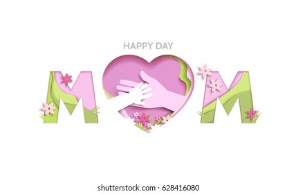 Concept mothers love or mother care motherhood with elements hands, flowers and shapes in the frame heart. Happy Mothers day greeting card in paper cut style in pink colors