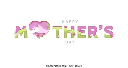 Concept mothers love or mother care motherhood with elements hands, flowers and shapes in the frame heart. Happy Mothers day greeting card in paper cut style in pink colors